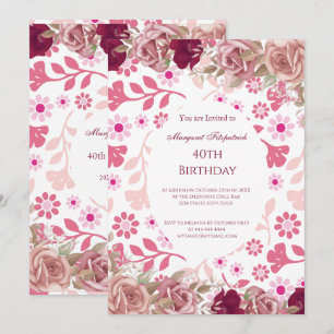 Flowers Red Pink White Roses Birthday Party 2 Invitation