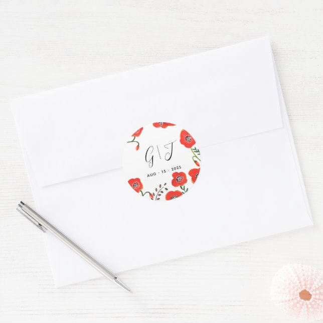 Flowers Red Poppies monogram wedding Classic Round Sticker (Envelope)