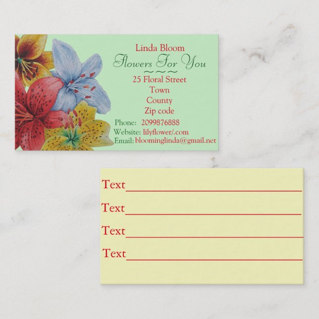 flowers red yellow blue Lilies original florists Business Card (Front/Back)
