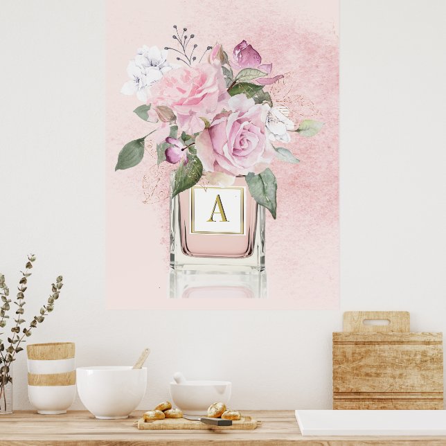 Flowers Roses Elegant Perfume Bottle Monogram  Poster (Kitchen)