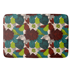 Flowers Roses Foliage Green Red Teal Bath Mat