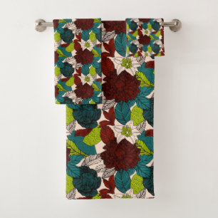 Flowers Roses Foliage Green Red Teal Bath Towel Set