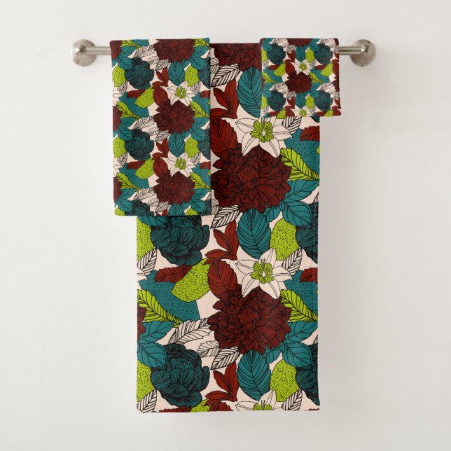 Flowers Roses Foliage Green Red Teal              Bath Towel Set (Insitu)