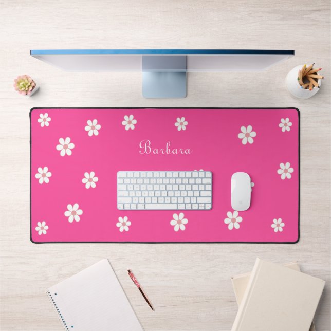 Flowers & Script Calligraphy on Neon Pink Desk Mat (Office 1)