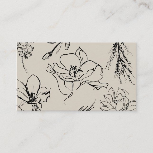 Flowers Sketch Beige Script Signature Classy Business Card (Front)