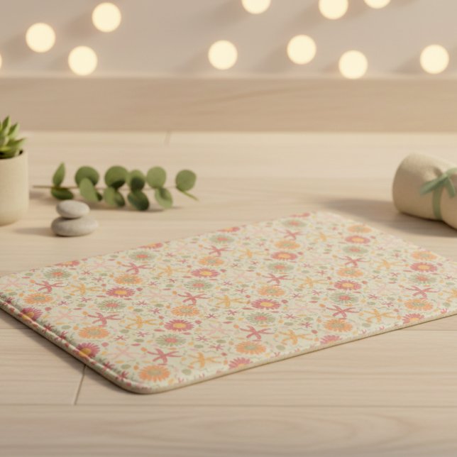 Flowers & Starfish Cream & Pink  Bath Mat (Make your floors fun again with this fantasy floral design dotted with cute starfish, simply magical)