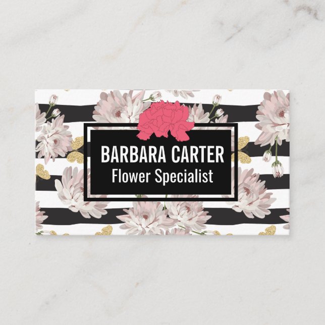 Flowers | Stripes | Carnations | Gold Butterflies Business Card (Front)