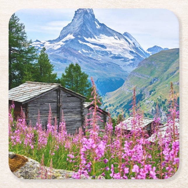Flowers | Summer Matterhorn Switzerland Square Paper Coaster (Front)