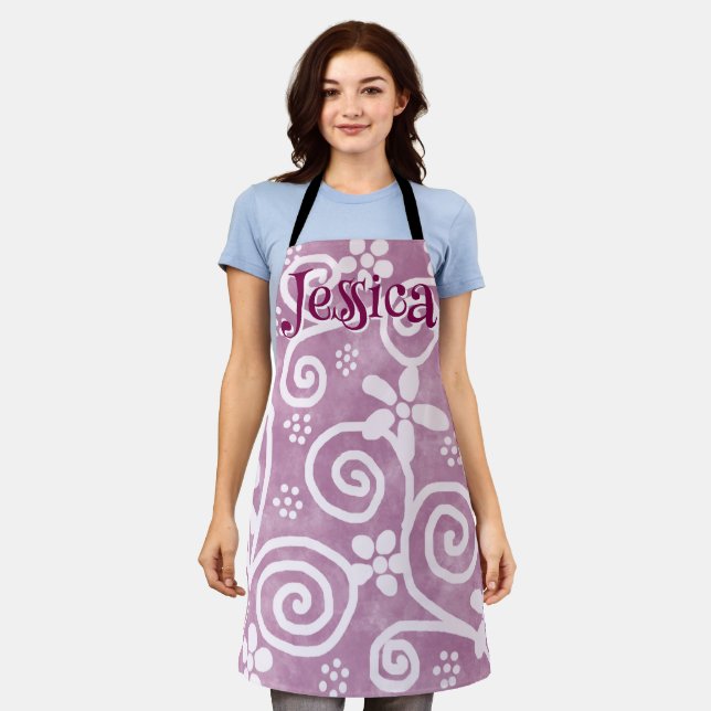 Flowers Swirls Pink White Pattern Personalised Apron (Worn)