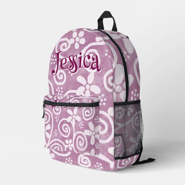 Flowers Swirls Pink White Pattern Personalised Printed Backpack (Back Corner Right)