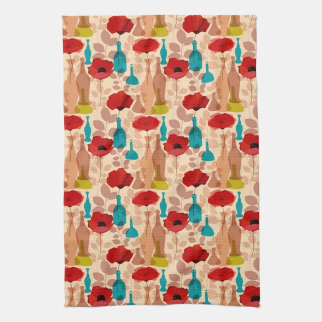Flowers, vases and bottles pattern tea towel (Vertical)