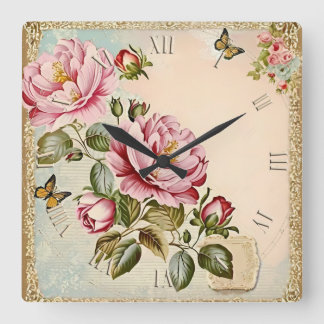 flowers vintage shabby chic square wall clock