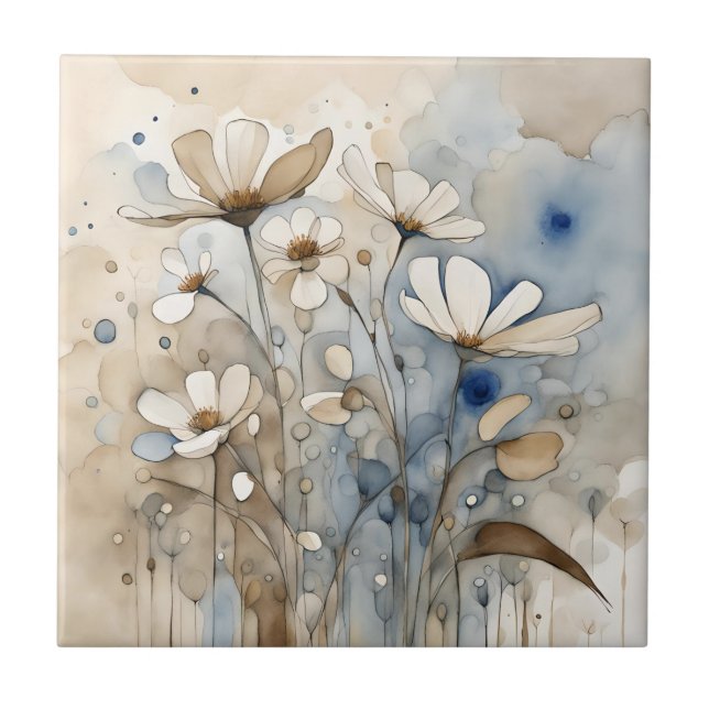 Flowers Watercolor Abstract Beige Grey  Tile (Front)
