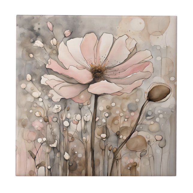 Flowers Watercolor Abstract Beige Pink Tile (Front)