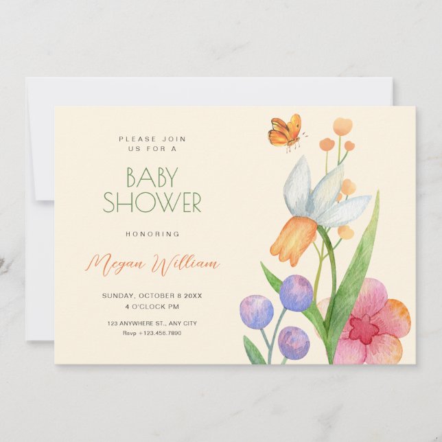 Flowers watercolor baby shower invitation (Front)