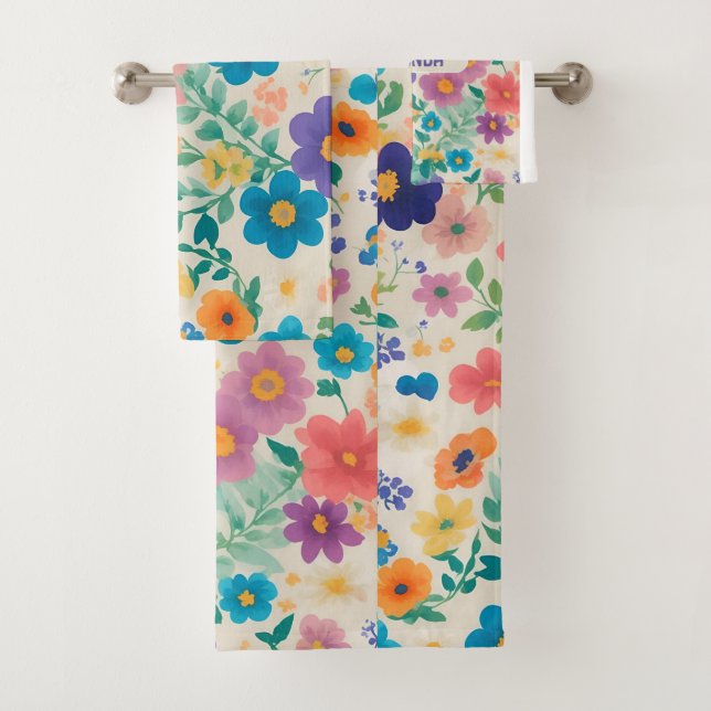 Flowers Watercolor Colourful Personalised Pattern Bath Towel Set (Insitu)