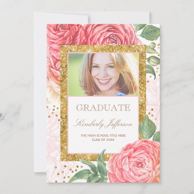 Flowers Watercolor Gold and Pink Photo Graduation Invitation (Front)