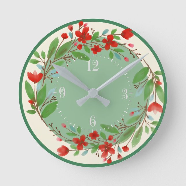Flowers watercolor kitchen round clock (Front)