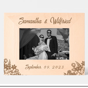 Flowers Wedding Date  Names Engraved Wood Frame 