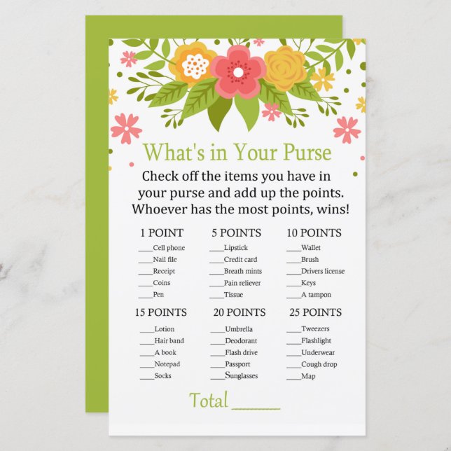 Flowers What's in your purse game (Front/Back)