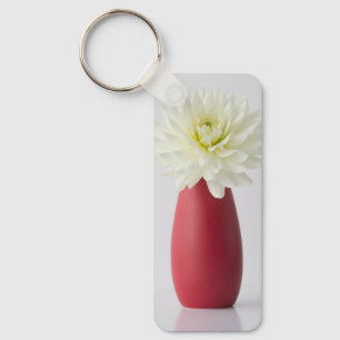 Flowers   White Dahlia in Red Vase Key Ring