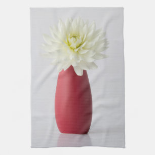 Flowers White Dahlia in Red Vase Tea Towel