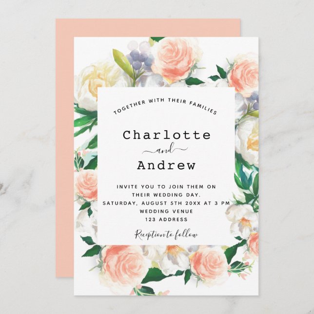 Flowers white rose gold pink wedding invitation (Front/Back)