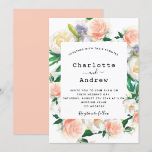 Flowers white rose gold pink wedding invitation