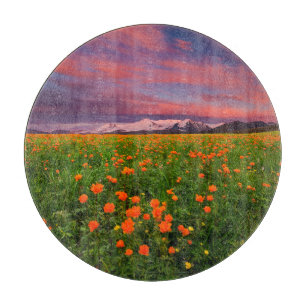 Flowers Wildflower Field Snowcapped Mountains Cutting Board