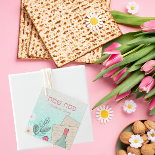 Flowers, Wine and Matzah Hebrew Happy Passover   Favour Tags