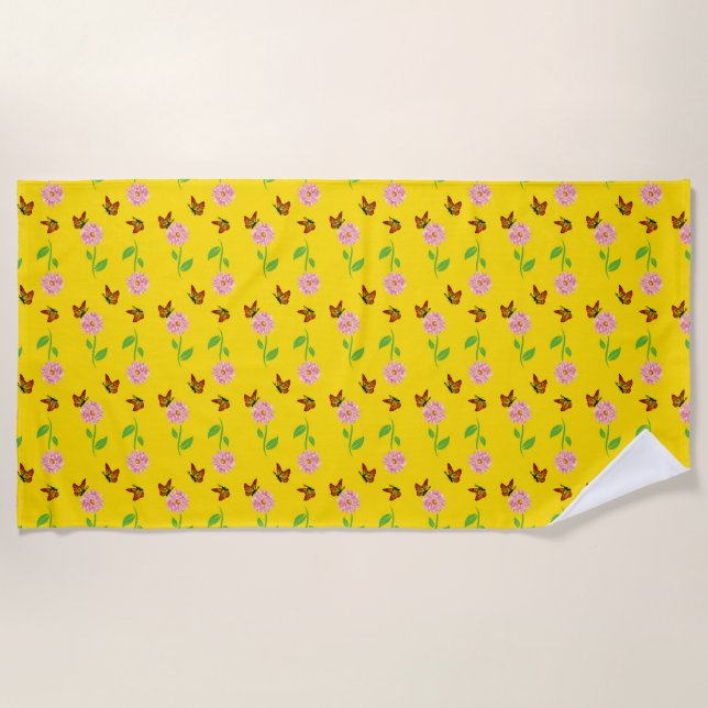  flowers with butterflies on a yellow background beach towel (Front)