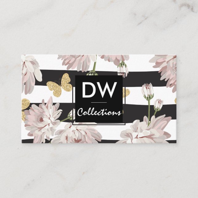 Flowers with Glittering Butterflies Business Card (Front)