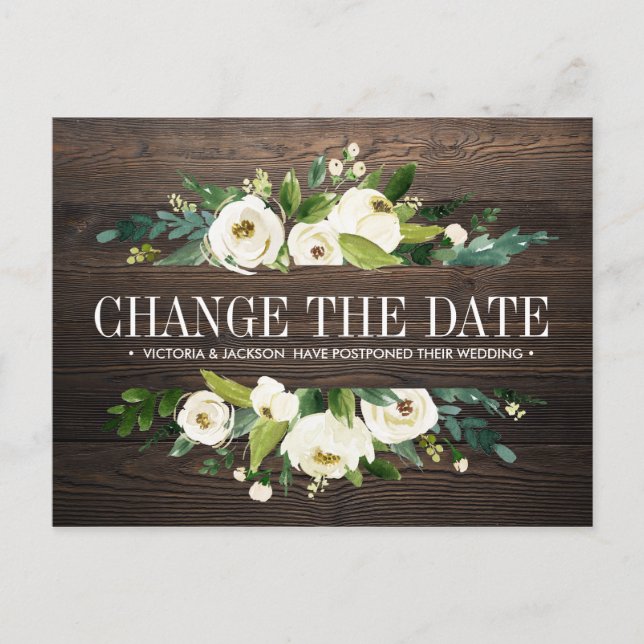 Flowers wood WEDDING CHANGE THE DATE POSTPONEMENT Announcement Postcard (Front)