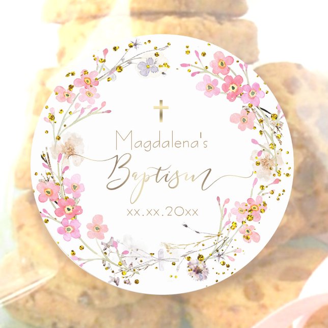  flowers wreath Baptism Classic Round Sticker (Creator Uploaded)
