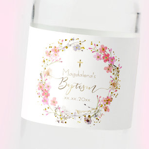 flowers wreath Baptism Water Bottle Label
