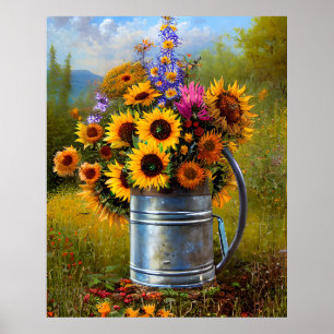 Flowers yellow pink teal watering can poster