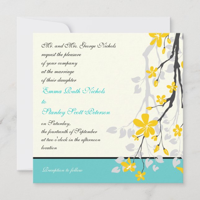 Flowers yellow turquoise wedding invitation (Front)