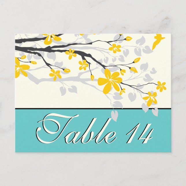 Flowers yellow turquoise wedding table number postcard (Front)