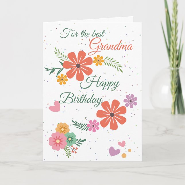Flowery Best Grandma Happy Birthday Green Pink Card (Front)