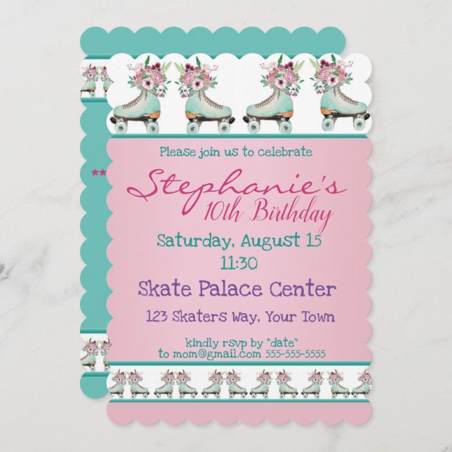 Flowery Blue Skate Birthday Party Invitation (Front/Back)