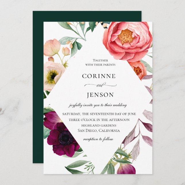 Flowery Bohemian Frame Wedding Invitation (Front/Back)