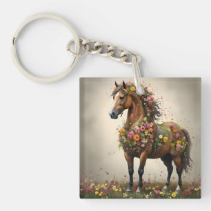 Flowery Brown Horse Fantasy Garden, Key Ring