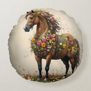 Flowery Brown Horse Fantasy Garden, Round Cushion