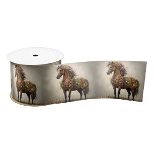 Flowery Brown Horse Fantasy Garden, Satin Ribbon