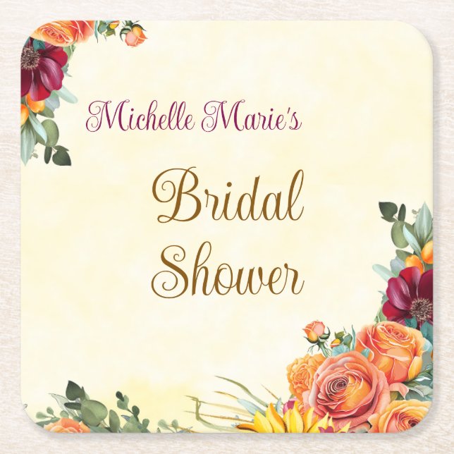 Flowery Fall Bridal Shower Wine Coaster (Front)