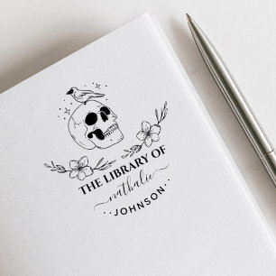 Flowery Gothic Skull Elegant Custom Library Book Rubber Stamp