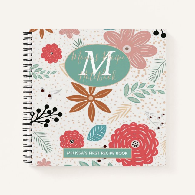 Flowery Pink Blue Brown Monogram Mom 1st Recipe Notebook (Front)