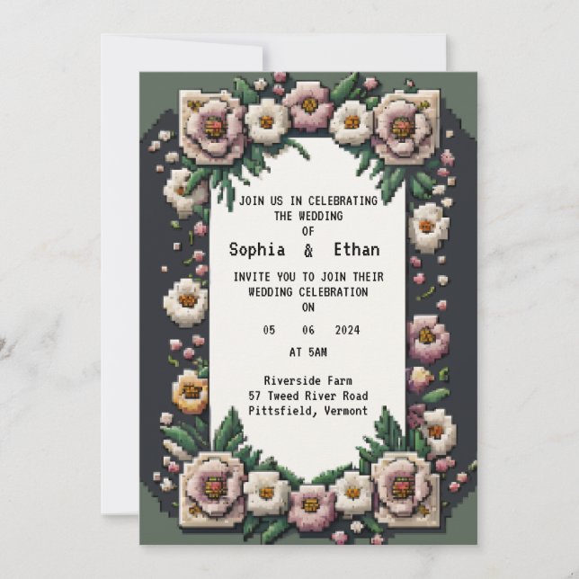 Flowery Pixel Art Wedding Invitation (Front)