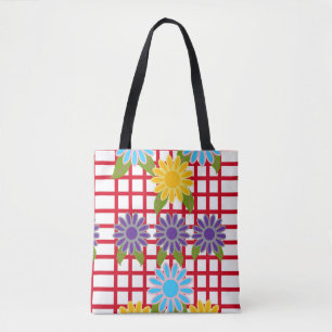 Flowery Red Grid Tote Bag