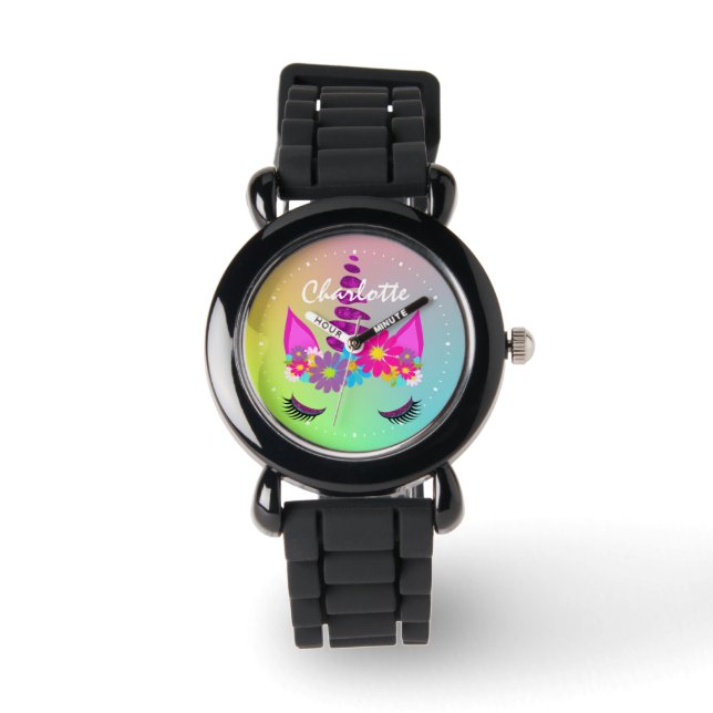 Flowery Unicorn Head Cute Girly  Personalised Watch (Front)